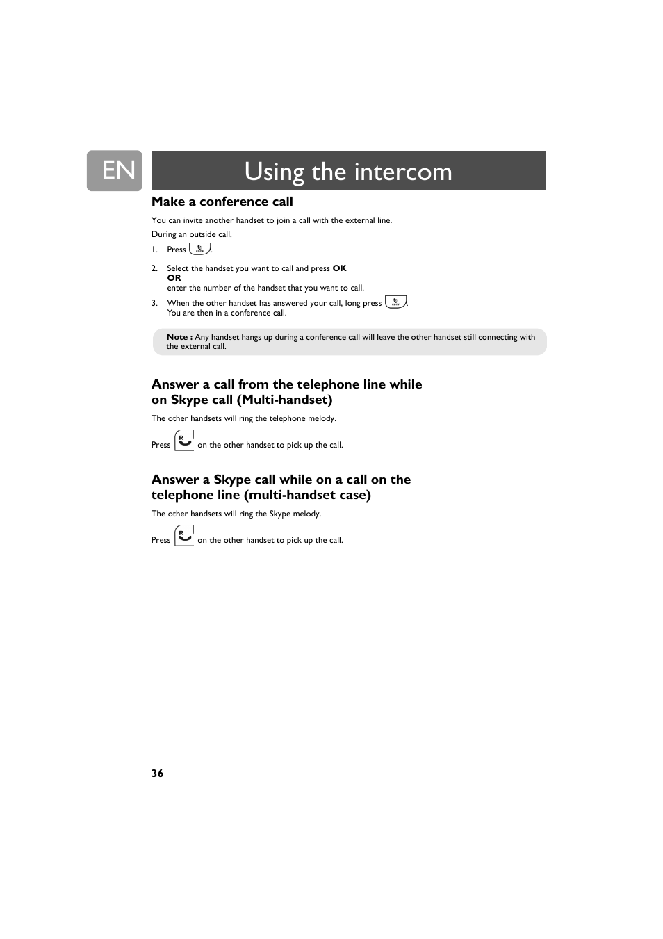 Make a conference call, Using the intercom | Philips VOIP321 User Manual | Page 36 / 44