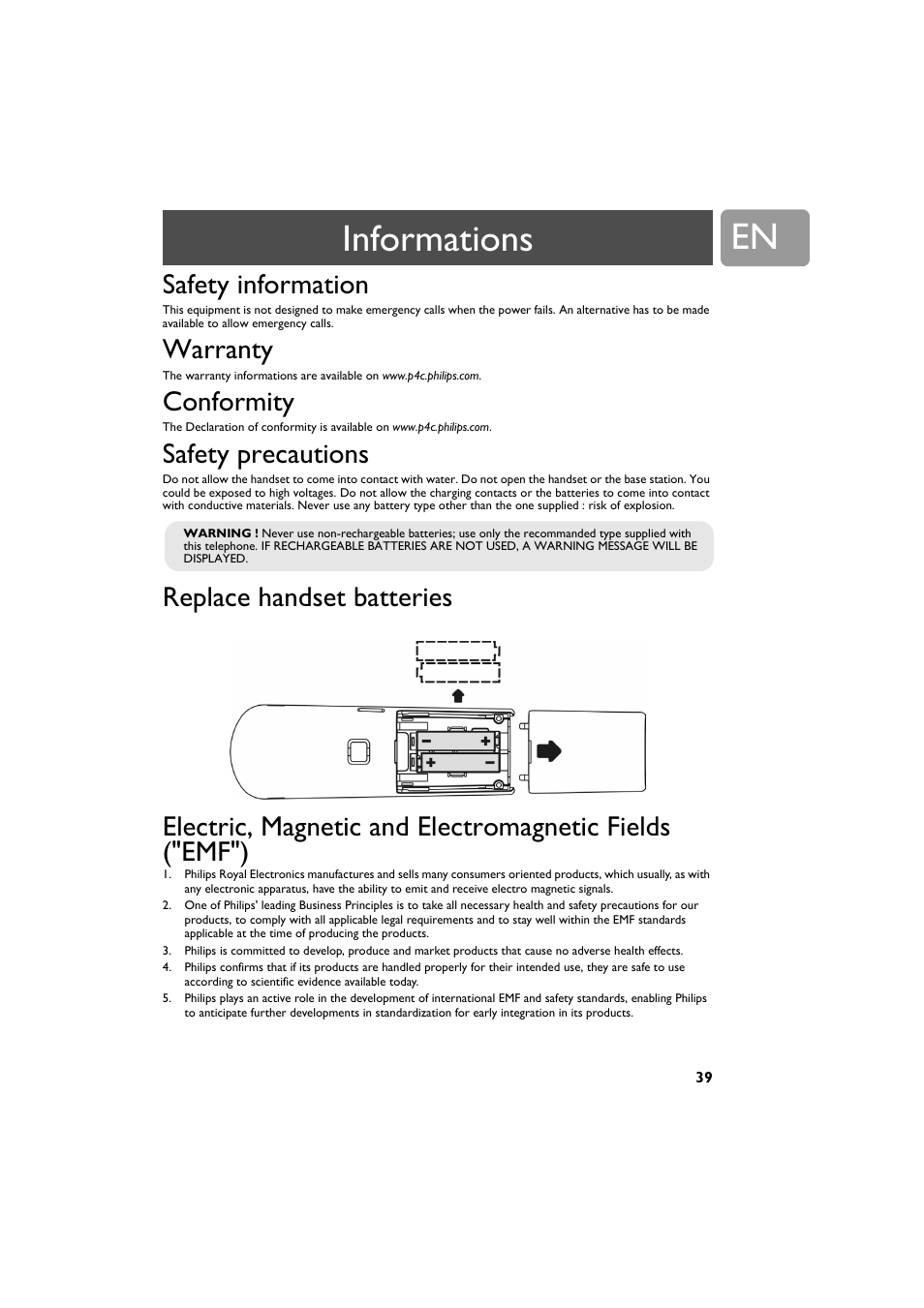 Informations, Safety information, Warranty | Conformity, Safety precautions, Replace handset batteries | Philips VOIP321 User Manual | Page 39 / 44
