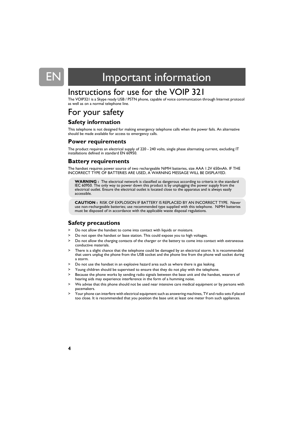 Important information, Instructions for use for the voip 321, For your safety | Safety information, Power requirements, Battery requirements, Safety precautions | Philips VOIP321 User Manual | Page 4 / 44