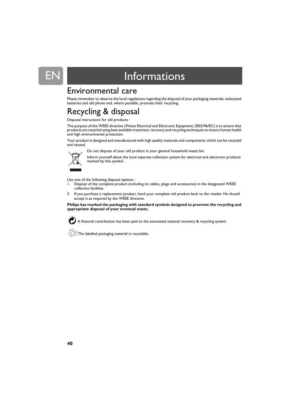 Environmental care, Recycling & disposal, Informations | Philips VOIP321 User Manual | Page 40 / 44