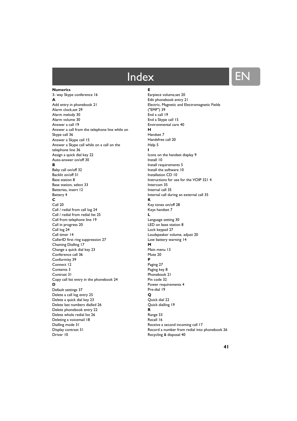 Index | Philips VOIP321 User Manual | Page 41 / 44