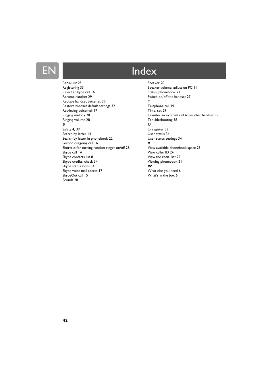 Index | Philips VOIP321 User Manual | Page 42 / 44
