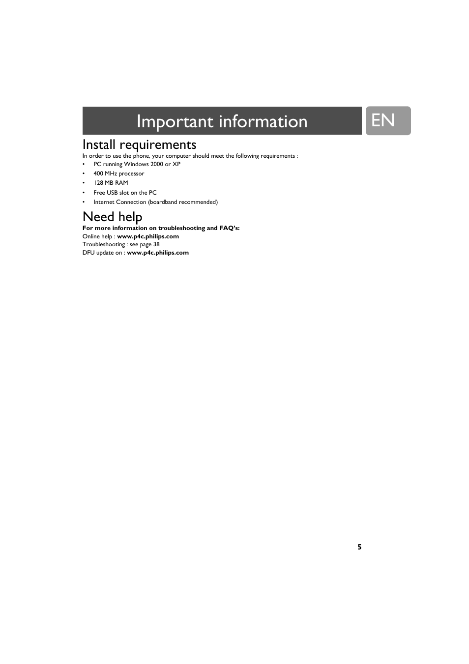 Install requirements, Need help, Important information | Philips VOIP321 User Manual | Page 5 / 44