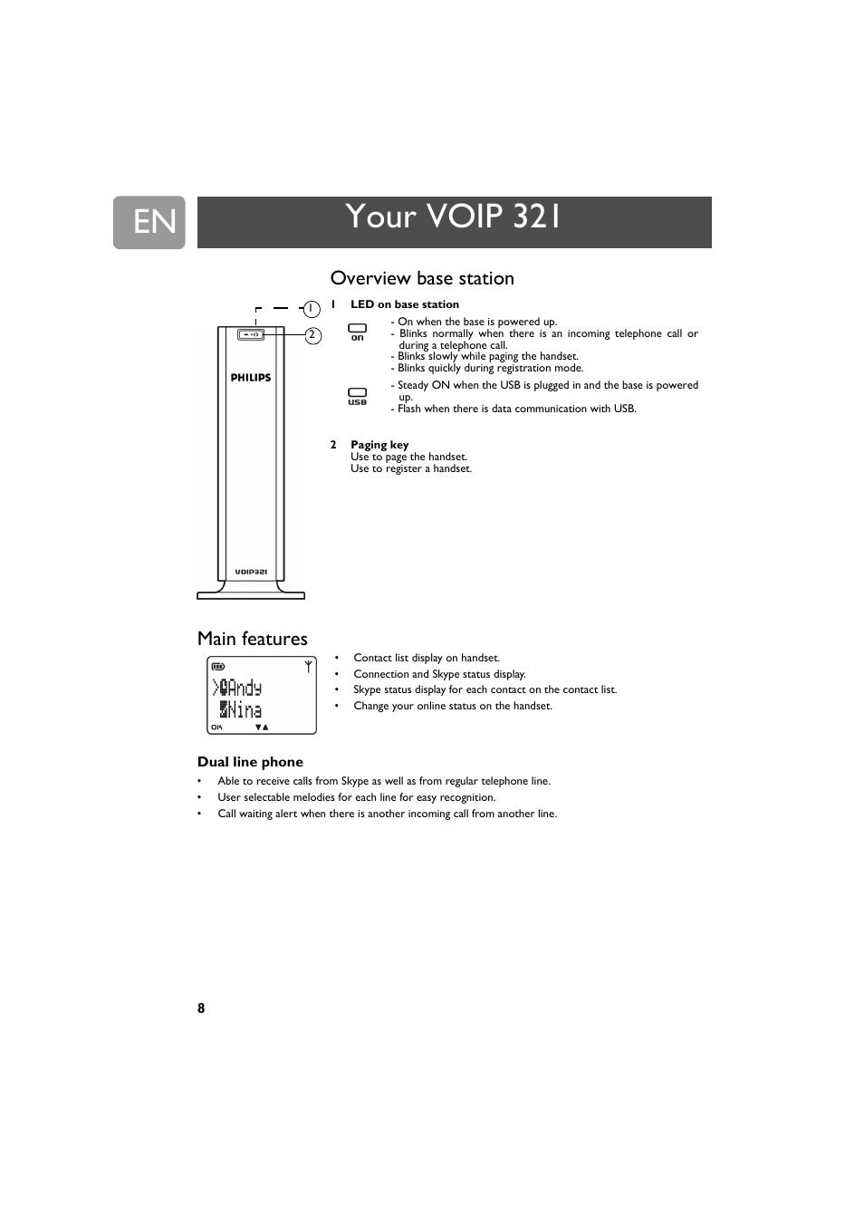 Overview base station, Main features, Dual line phone | Your voip 321 | Philips VOIP321 User Manual | Page 8 / 44