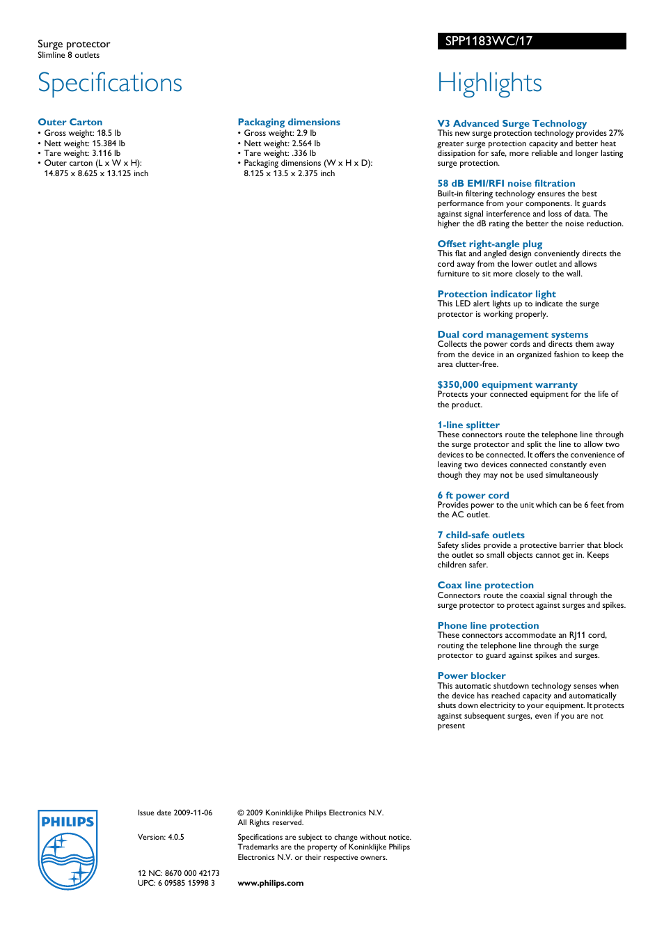 Specifications, Highlights | Philips SPP1183WC User Manual | Page 2 / 2