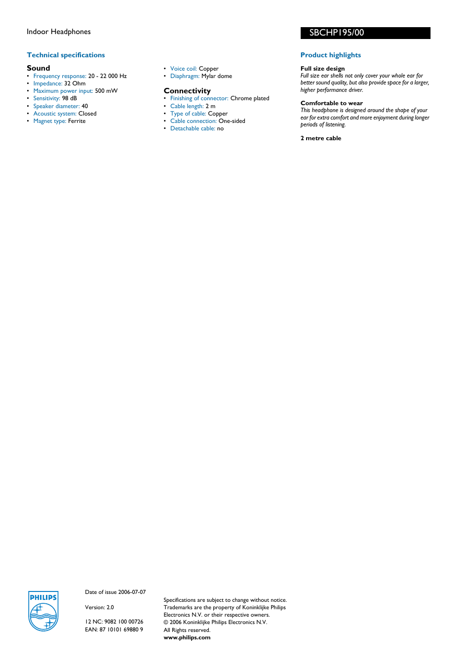 Sound, Connectivity, Sbchpi95/00 | Technical specifications sound, Product highlights | Philips SBCHP195 User Manual | Page 2 / 2