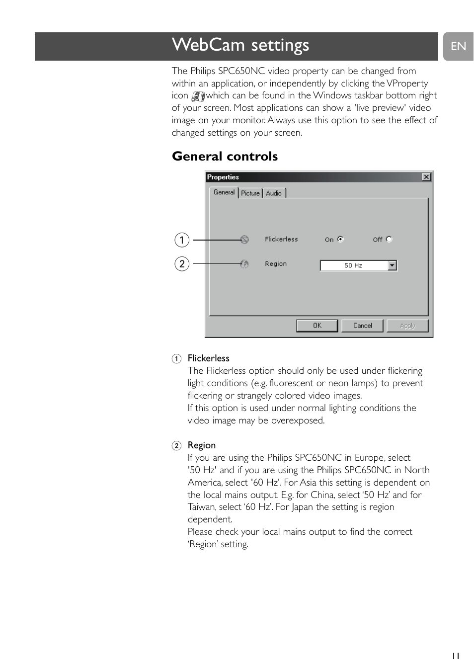 Webcam settings | Philips SPC650NC User Manual | Page 11 / 22