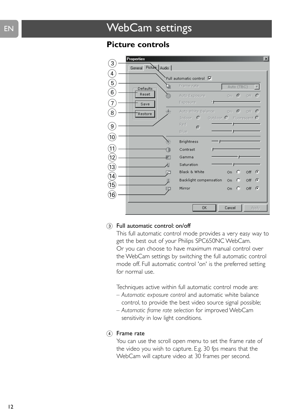 Webcam settings | Philips SPC650NC User Manual | Page 12 / 22