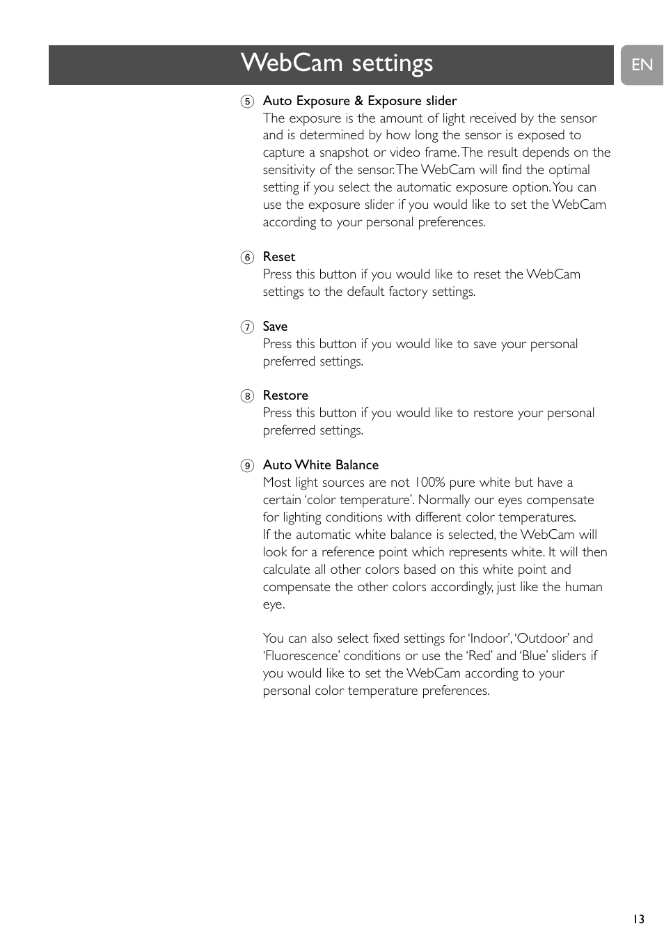 Webcam settings | Philips SPC650NC User Manual | Page 13 / 22