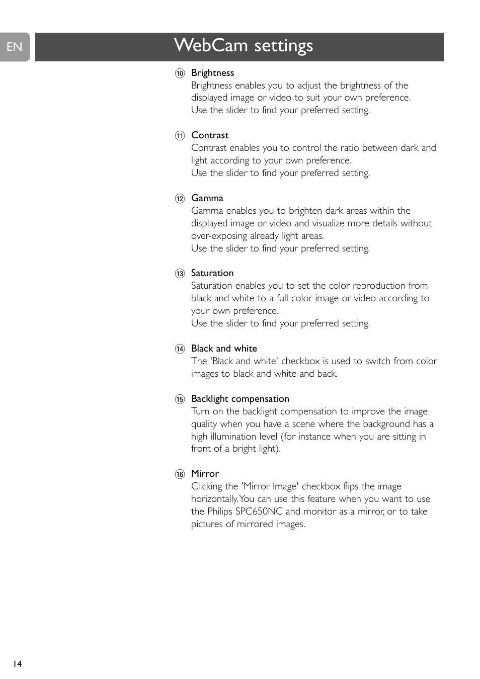 Webcam settings | Philips SPC650NC User Manual | Page 14 / 22