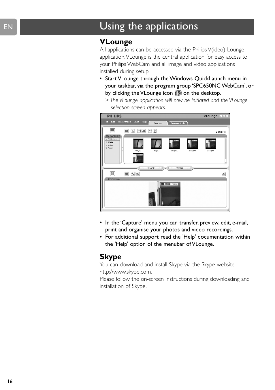 Using the applications, Vlounge, Skype | Philips SPC650NC User Manual | Page 16 / 22