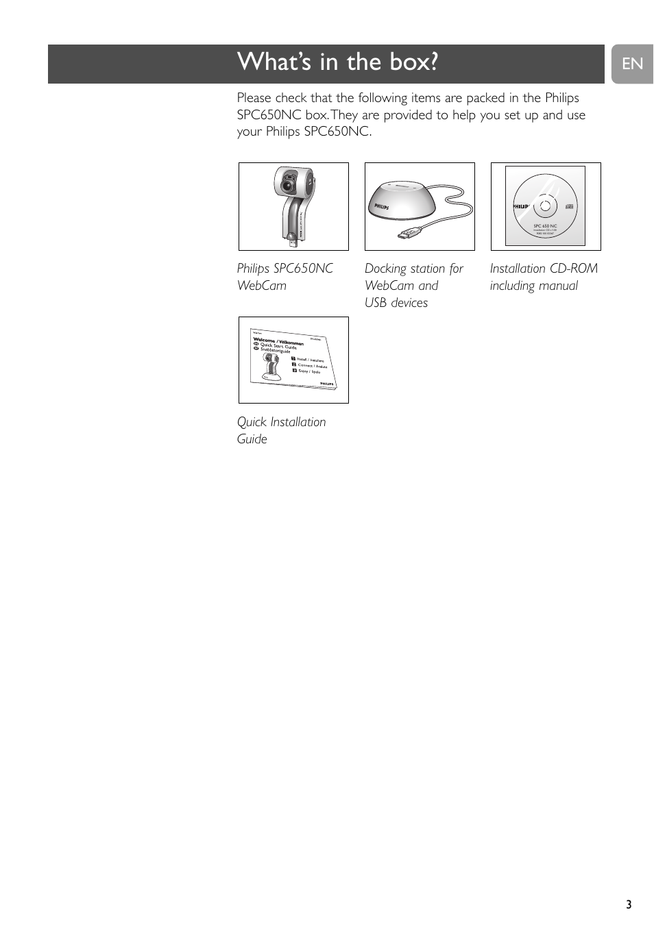 What’s in the box | Philips SPC650NC User Manual | Page 3 / 22