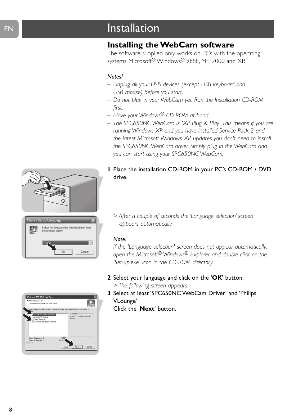 Installation, Installing the webcam software | Philips SPC650NC User Manual | Page 8 / 22