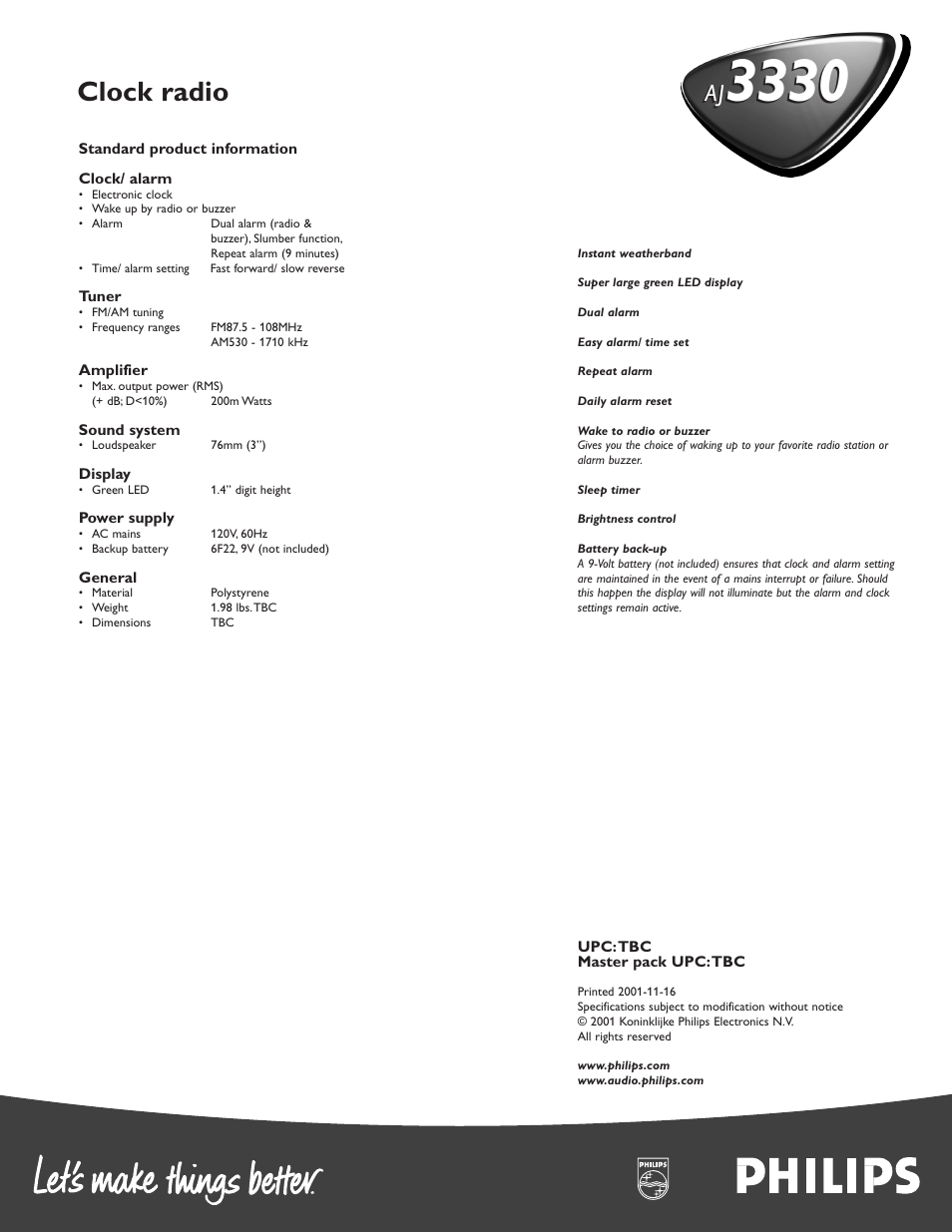 Clock radio | Philips AJ3330 User Manual | Page 2 / 2