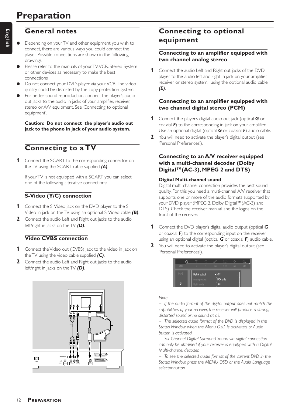 Preparation, Connecting to a tv, Connecting to optional equipment | S-video (y/c) connection, Video cvbs connection | Philips DVD756/052 User Manual | Page 12 / 24