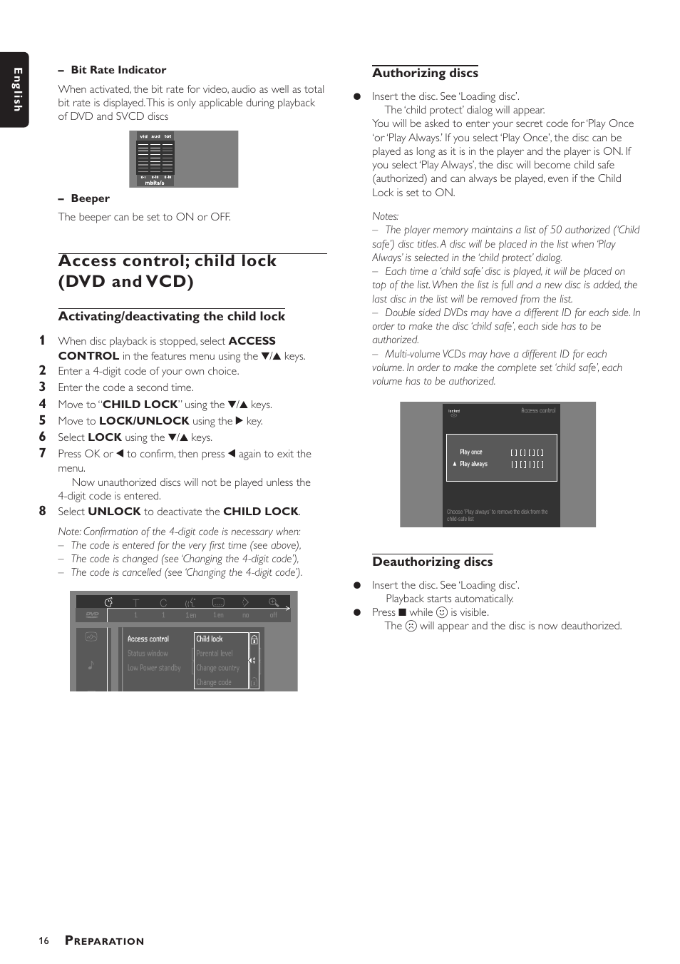 Access control; child lock (dvd and vcd) | Philips DVD756/052 User Manual | Page 16 / 24