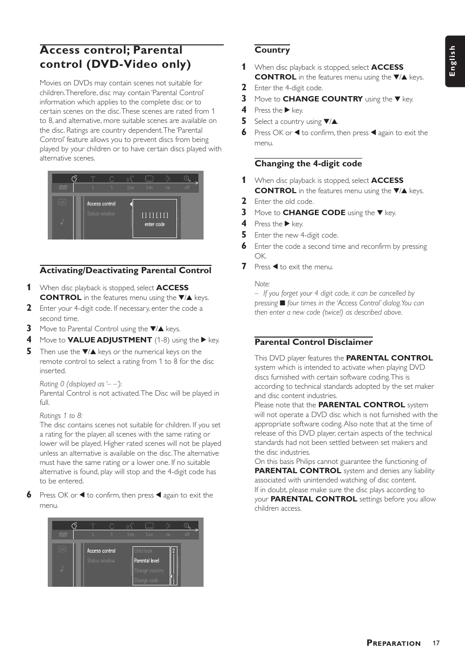 Access control; parental control (dvd-video only) | Philips DVD756/052 User Manual | Page 17 / 24