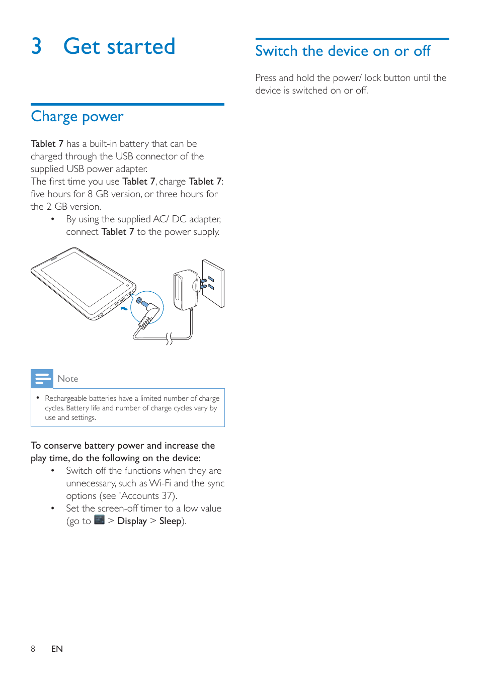 3 get started, Charge power, Switch the device on or off | 3 get, Started | Philips PI3000/93 User Manual | Page 10 / 48