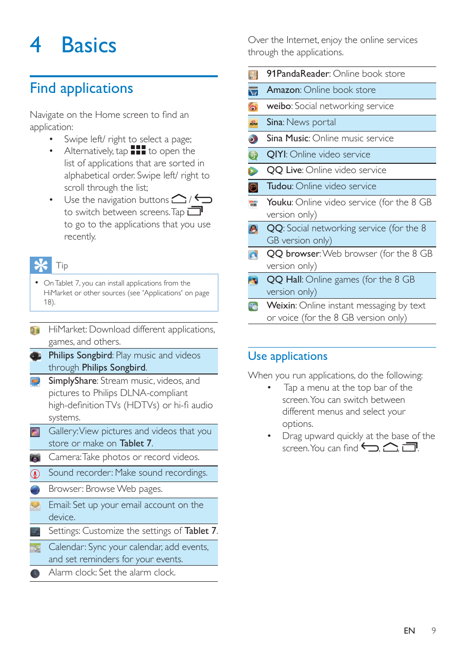 4 basics, Find applications, Use applications | Philips PI3000/93 User Manual | Page 11 / 48