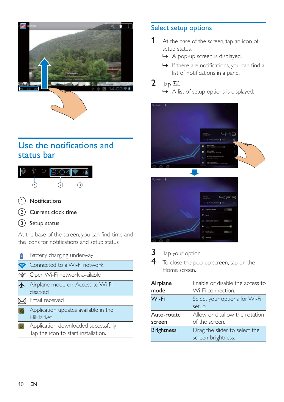 Use the notifications and status bar, Select setup options, 8vhwkhqrwlàfdwlrqvdqgvwdwxvedu | 6hohfwvhwxsrswlrqv | Philips PI3000/93 User Manual | Page 12 / 48