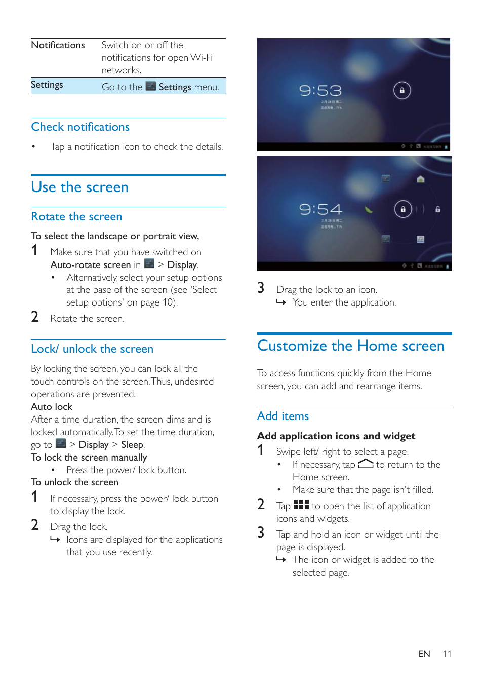 Check notifications, Use the screen, Rotate the screen | Lock/ unlock the screen, Customize the home screen, Add items, Khfnqrwlàfdwlrqv | Philips PI3000/93 User Manual | Page 13 / 48