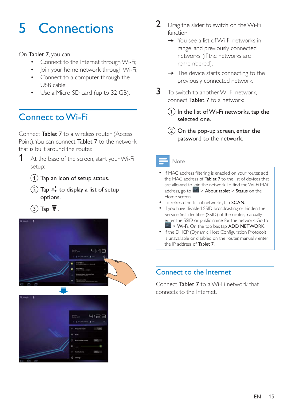 5 connections, Connect to wi-fi, Connect to the internet | Philips PI3000/93 User Manual | Page 17 / 48