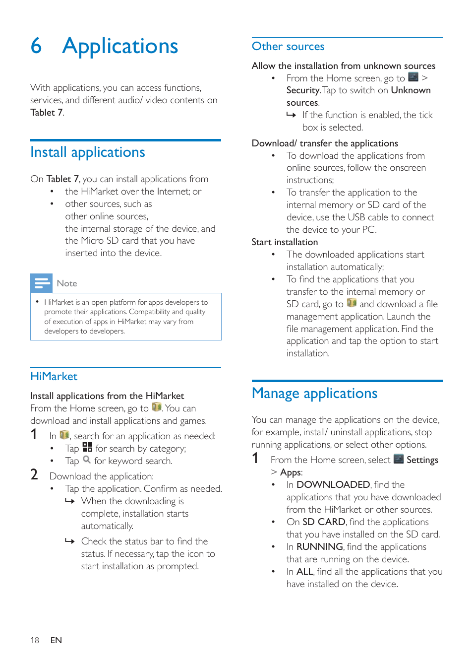 6 applications, Install applications, Himarket | Other sources, Manage applications, Himarket 18 other sources | Philips PI3000/93 User Manual | Page 20 / 48