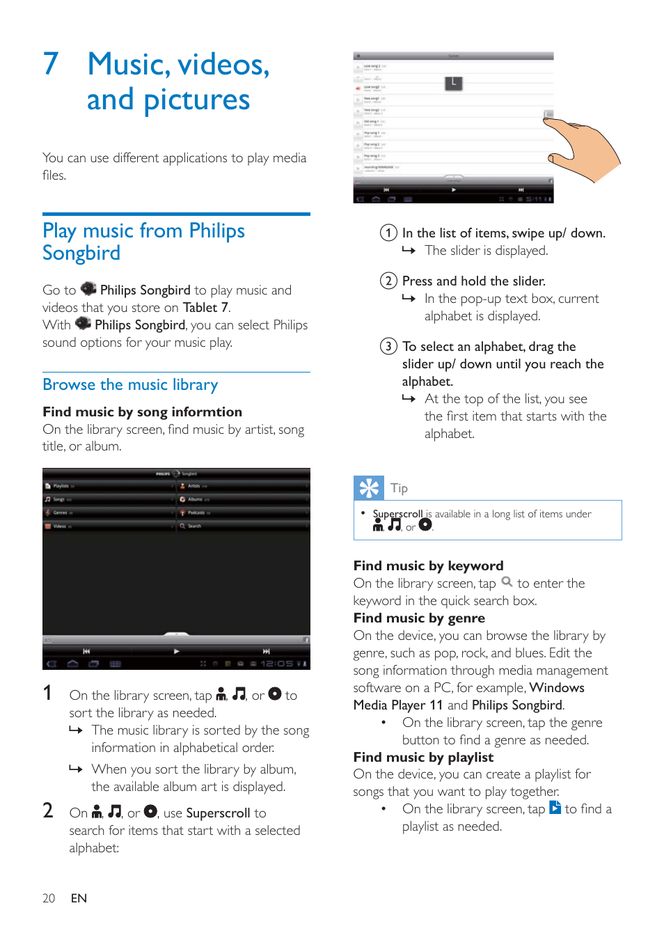 7 music, videos, and pictures, Play music from philips songbird, Browse the music library | 3od\pxvlfiurp3klolsv6rqjelug, Urzvhwkhpxvlfoleudu | Philips PI3000/93 User Manual | Page 22 / 48