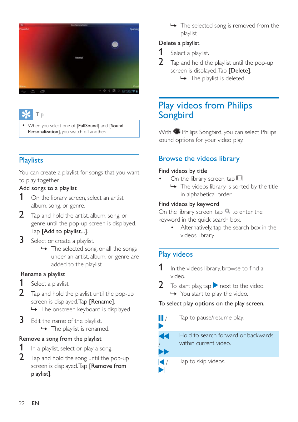Playlists, Play videos from philips songbird, Browse the videos library | Play videos, Playlists 22 | Philips PI3000/93 User Manual | Page 24 / 48