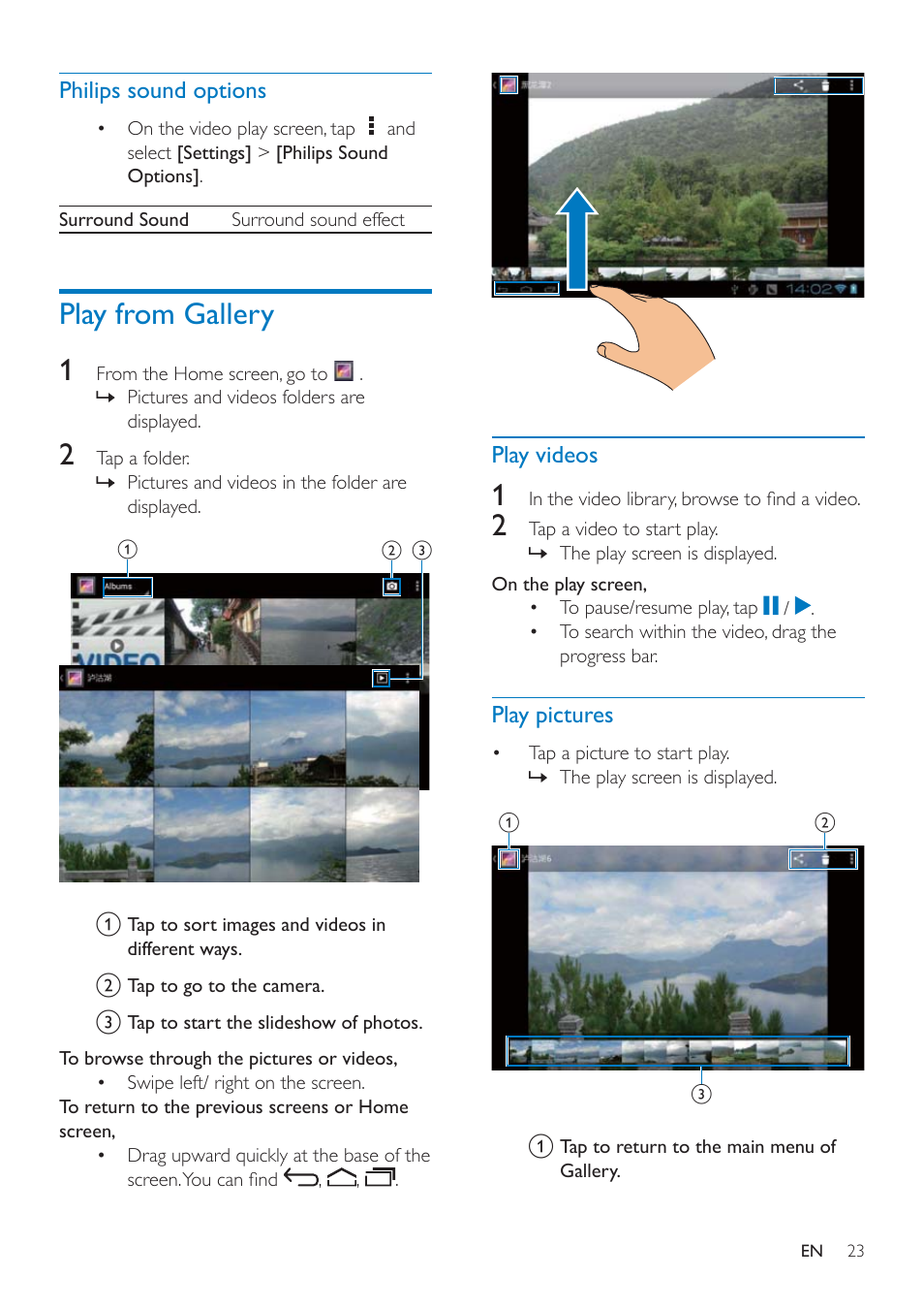 Philips sound options, Play from gallery, Play videos | Play pictures | Philips PI3000/93 User Manual | Page 25 / 48
