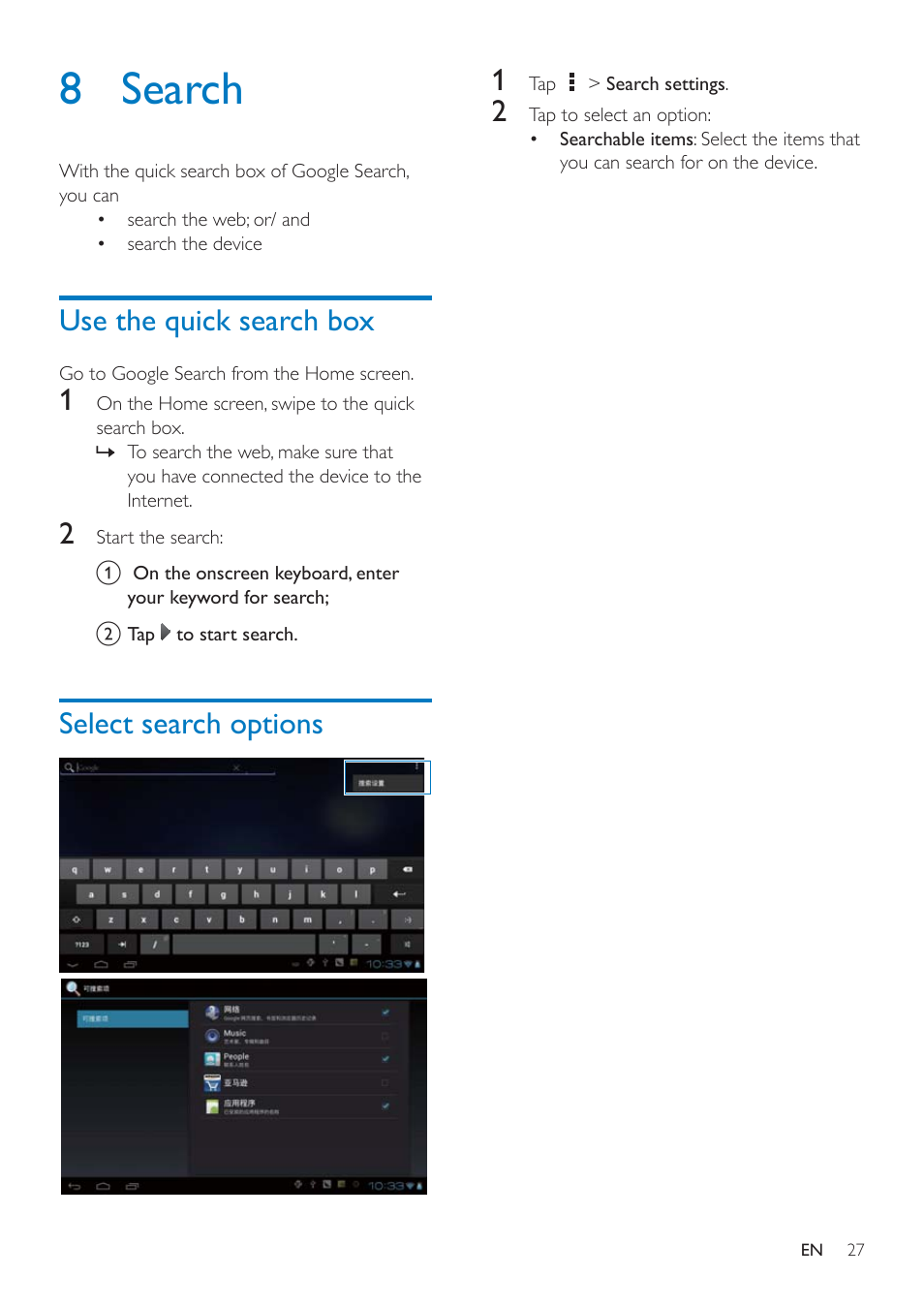 8 search, Use the quick search box, Select search options | Philips PI3000/93 User Manual | Page 29 / 48