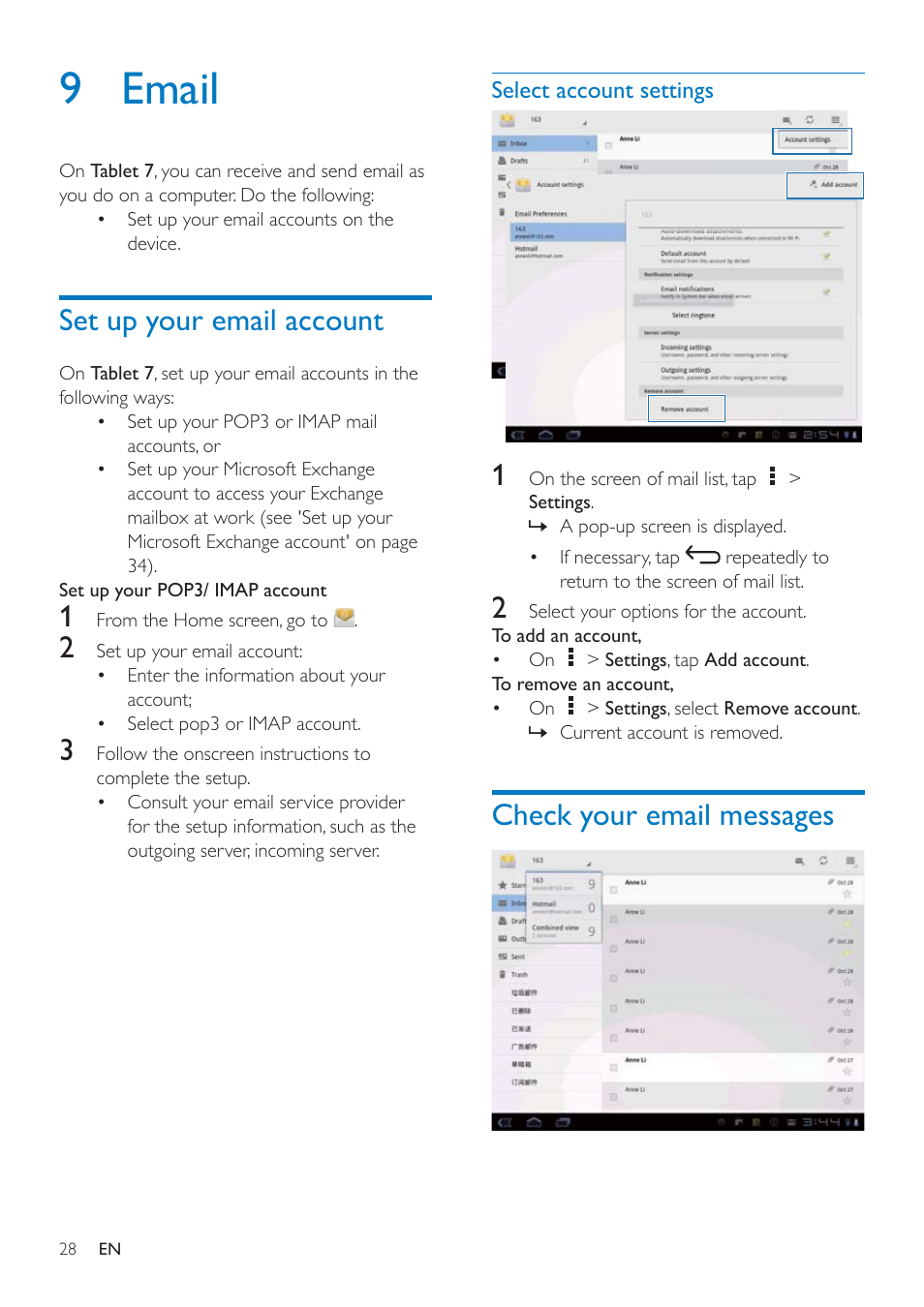 9 email, Set up your email account, Select account settings | Check your email messages | Philips PI3000/93 User Manual | Page 30 / 48