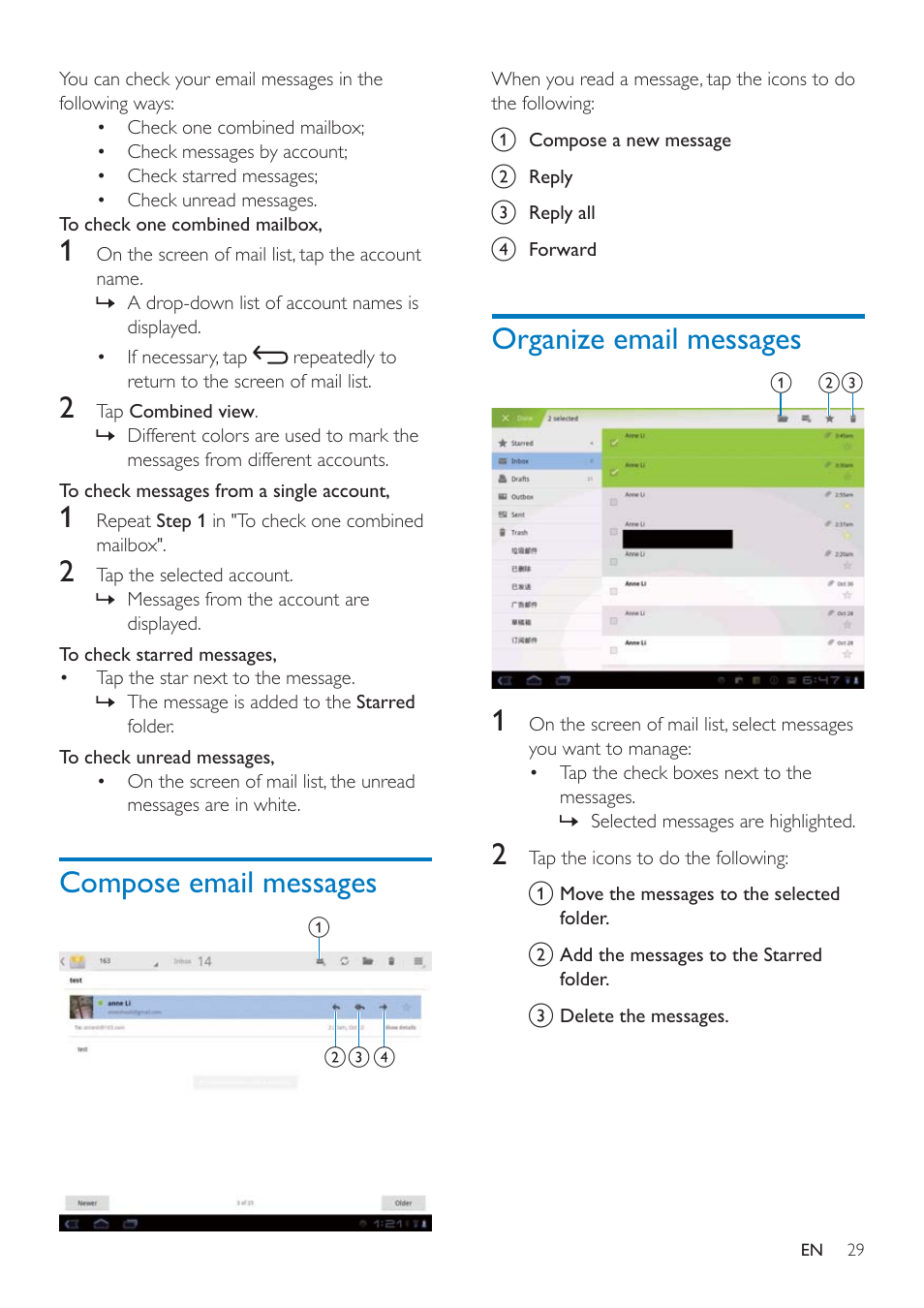 Compose email messages, Organize email messages | Philips PI3000/93 User Manual | Page 31 / 48