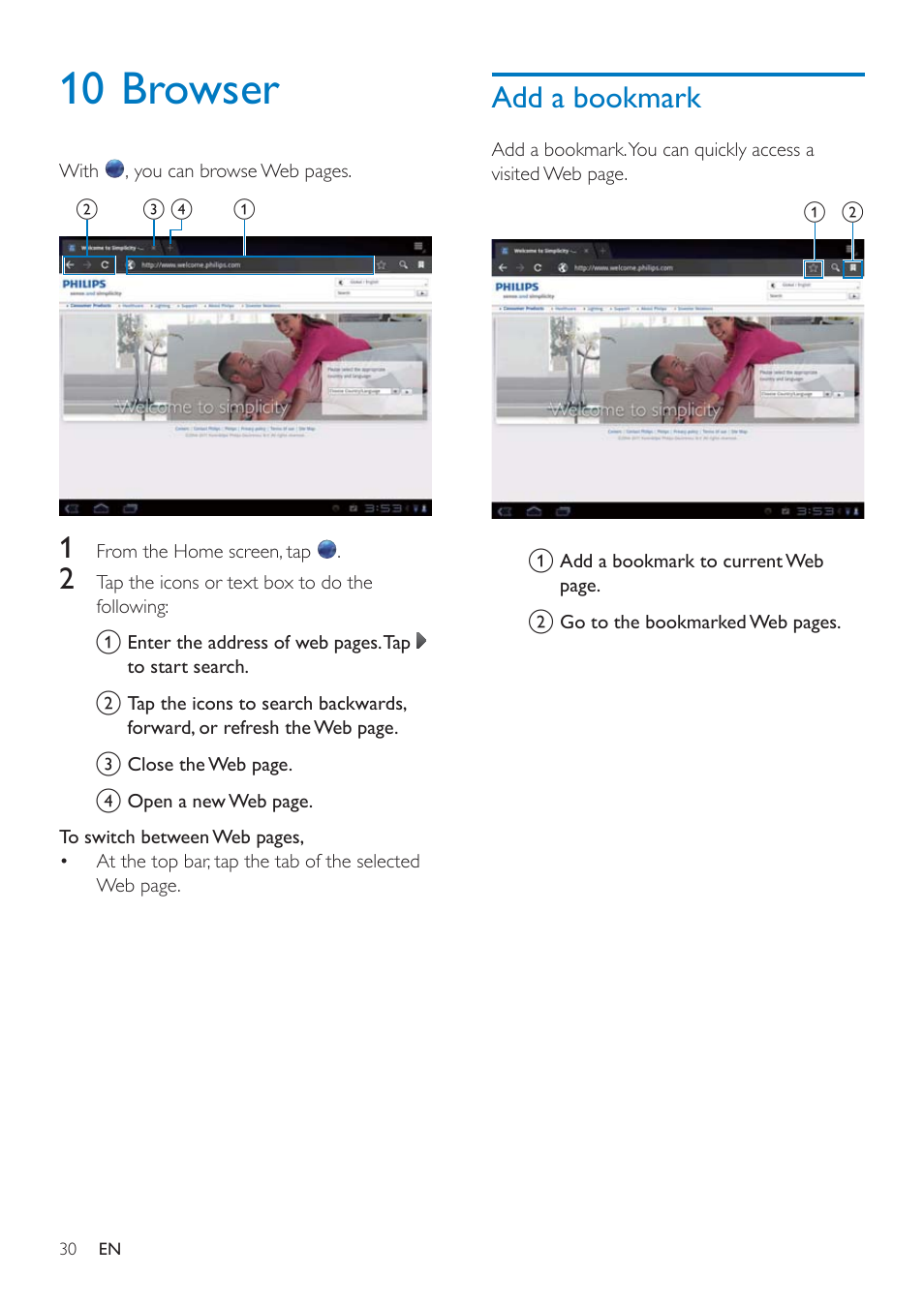 10 browser, Add a bookmark, Ggderrnpdun | Philips PI3000/93 User Manual | Page 32 / 48