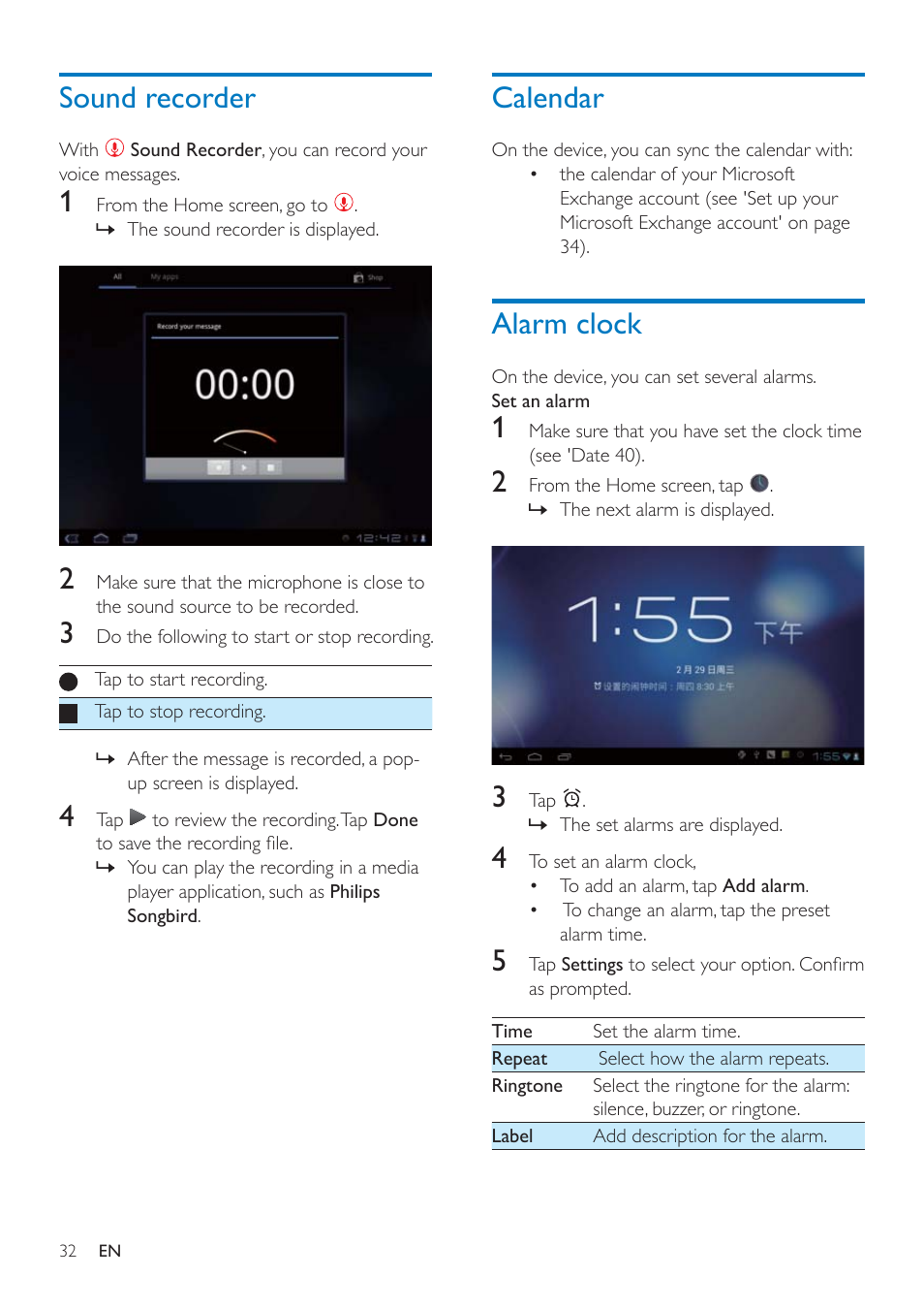 Sound recorder, Calendar, Alarm clock | Calendar 32 alarm clock | Philips PI3000/93 User Manual | Page 34 / 48
