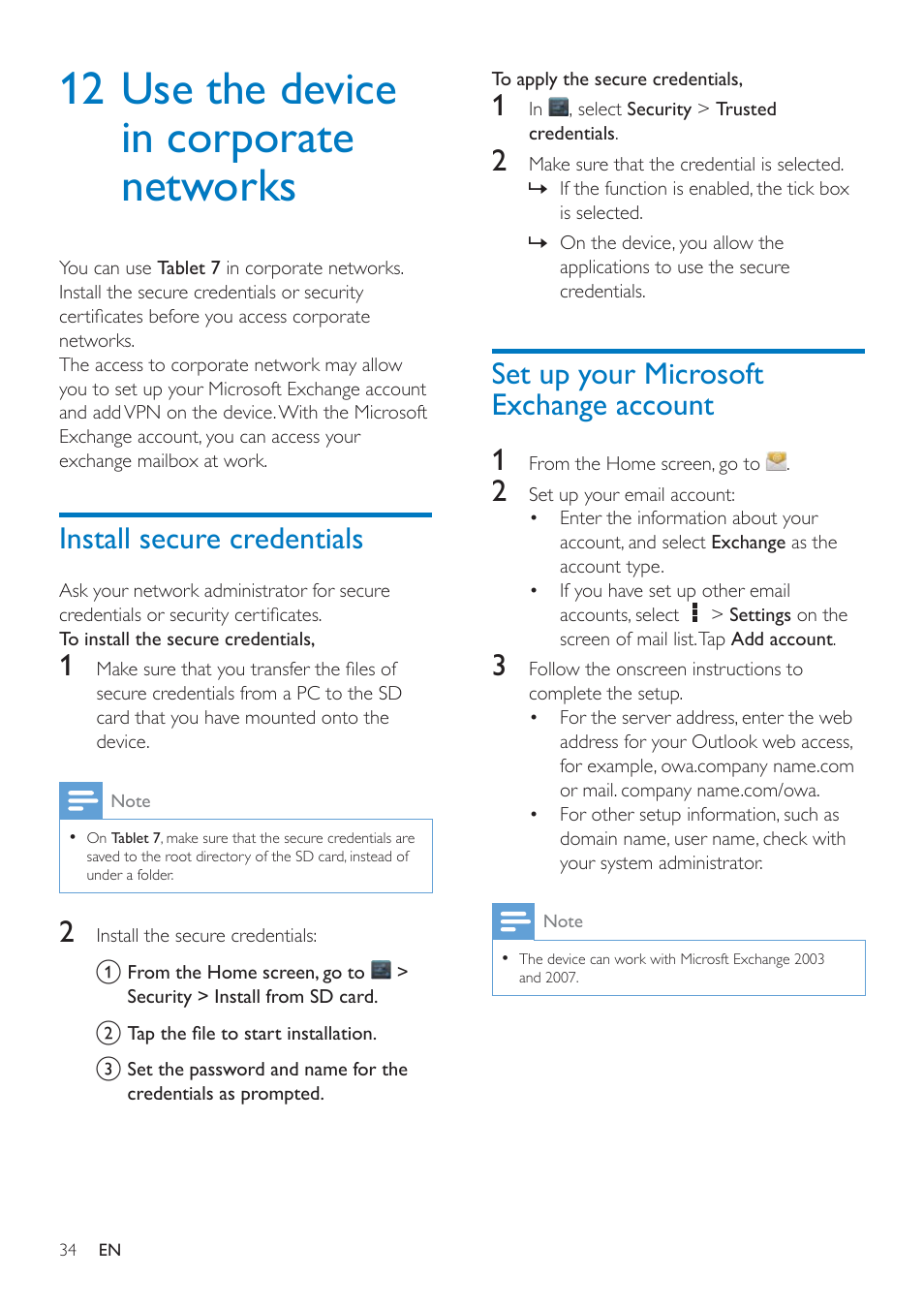 12 use the device in corporate networks, Install secure credentials, Set up your microsoft exchange account | 12 use the device in corporate, Networks, Set up your microsoft exchange account 34, The calendar of your microsoft, Exchange account (see 'set up y, Set up your microsoft exchange account 1 | Philips PI3000/93 User Manual | Page 36 / 48