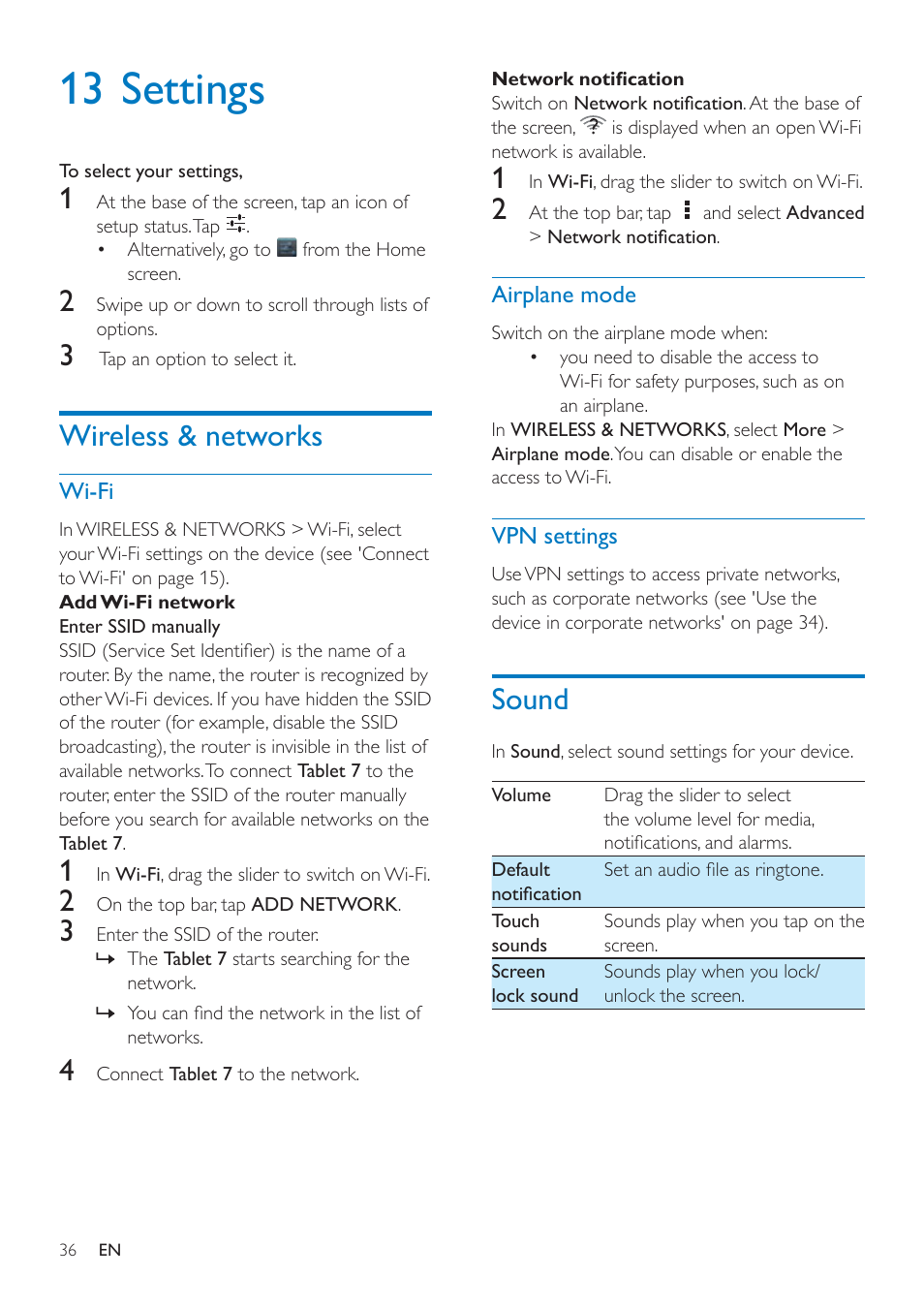 13 settings, Wireless & networks, Wi-fi | Airplane mode, Vpn settings, Sound, Wi-fi 36 airplane mode, Sound 36 | Philips PI3000/93 User Manual | Page 38 / 48
