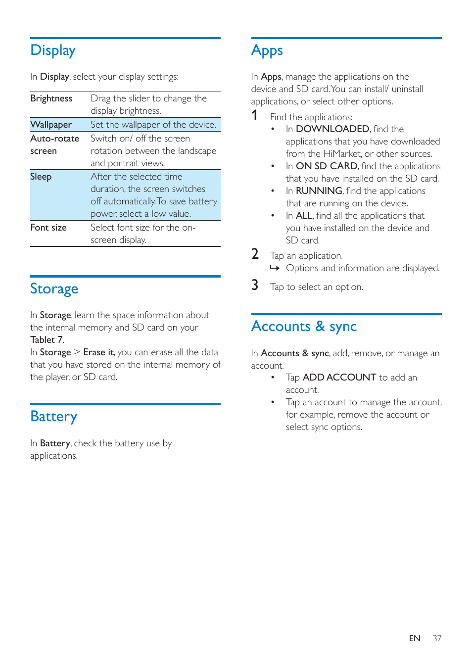 Display, Storage, Battery | Apps, Accounts & sync | Philips PI3000/93 User Manual | Page 39 / 48