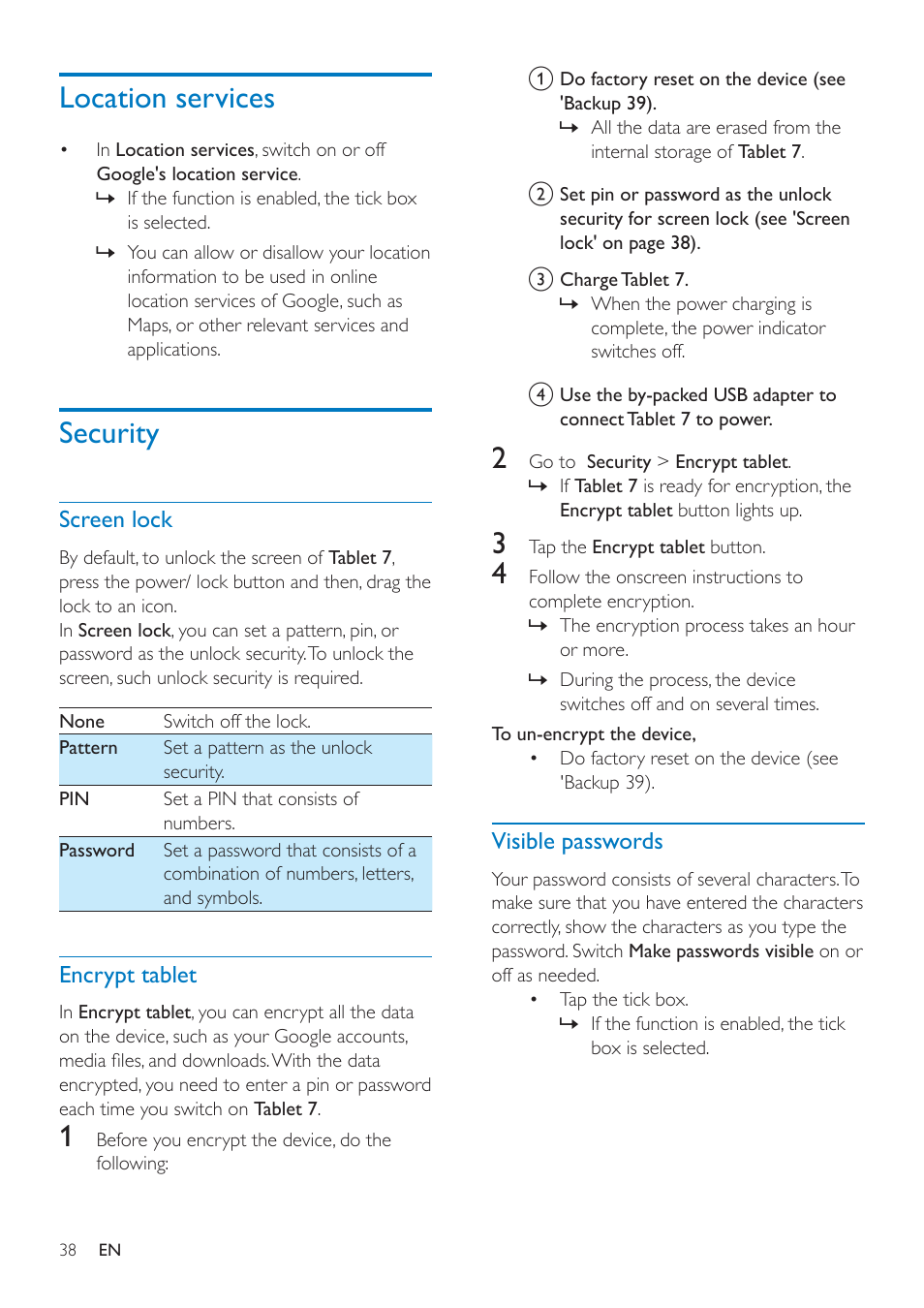 Location services, Security, Screen lock | Encrypt tablet, Visible passwords, Security 38 | Philips PI3000/93 User Manual | Page 40 / 48