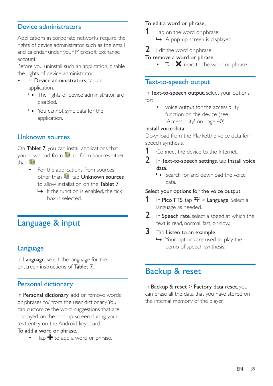 Device administrators, Unknown sources, Language & input | Language, Personal dictionary, Text-to-speech output, Backup & reset, Language 39 personal dictionary, Do factory reset on the device (see 'backup 39), Do factory reset on the device (see | Philips PI3000/93 User Manual | Page 41 / 48