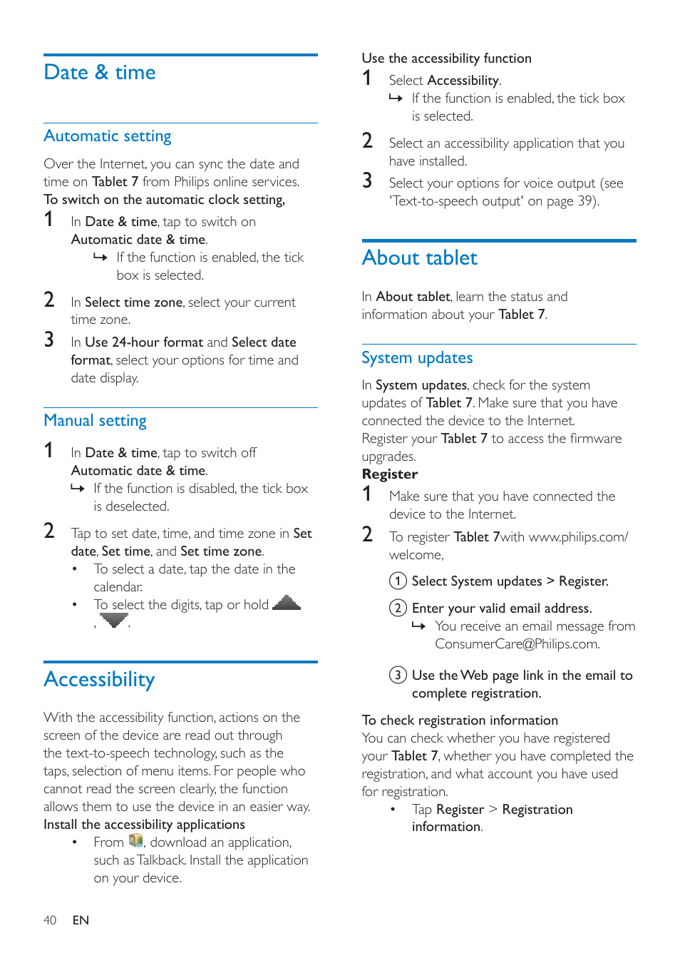 Date & time, Automatic setting, Manual setting | Accessibility, About tablet, System updates, Dwh wlph, Xwrpdwlfvhwwlqj, 0dqxdovhwwlqj, Ffhvvlelolw | Philips PI3000/93 User Manual | Page 42 / 48
