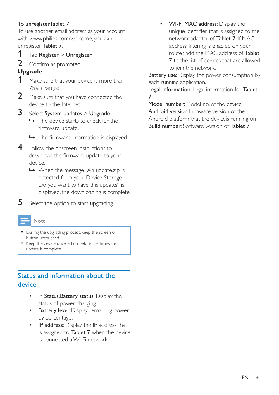 Status and information about the device, Status and information about the, Device 41 | Philips PI3000/93 User Manual | Page 43 / 48