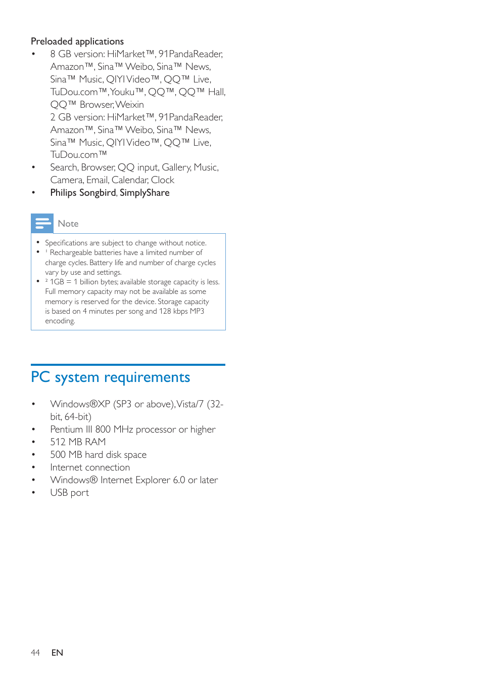 Pc system requirements | Philips PI3000/93 User Manual | Page 46 / 48