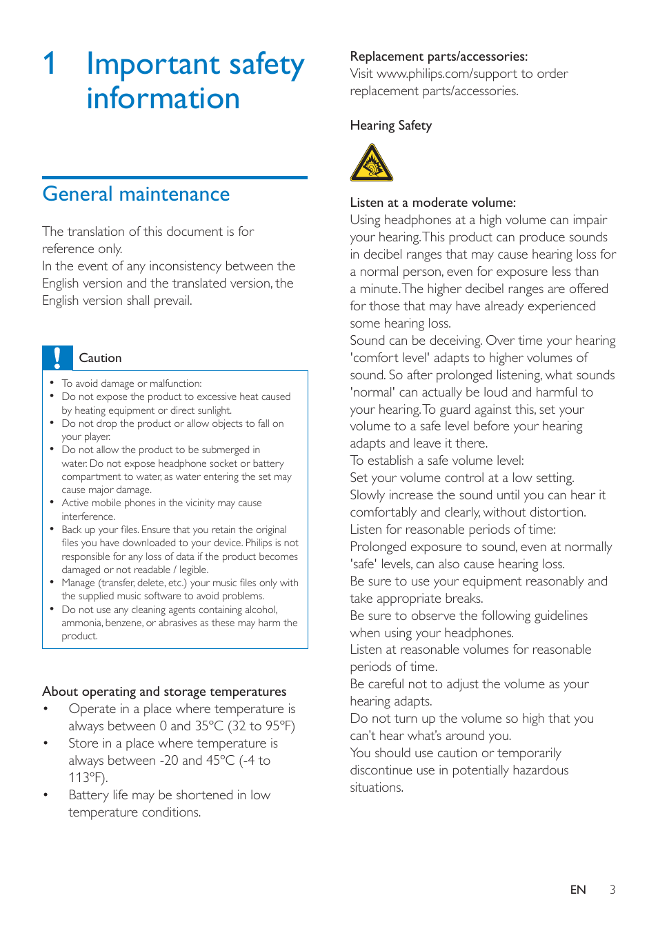 1 important safety information, General maintenance | Philips PI3000/93 User Manual | Page 5 / 48