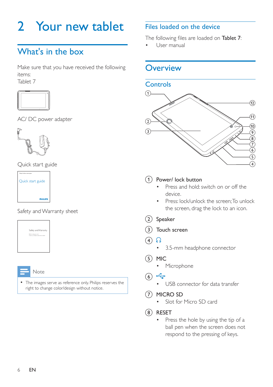 2 your new tablet, What's in the box, Files loaded on the device | Overview, Controls, Overview 6, Controls 6 | Philips PI3000/93 User Manual | Page 8 / 48
