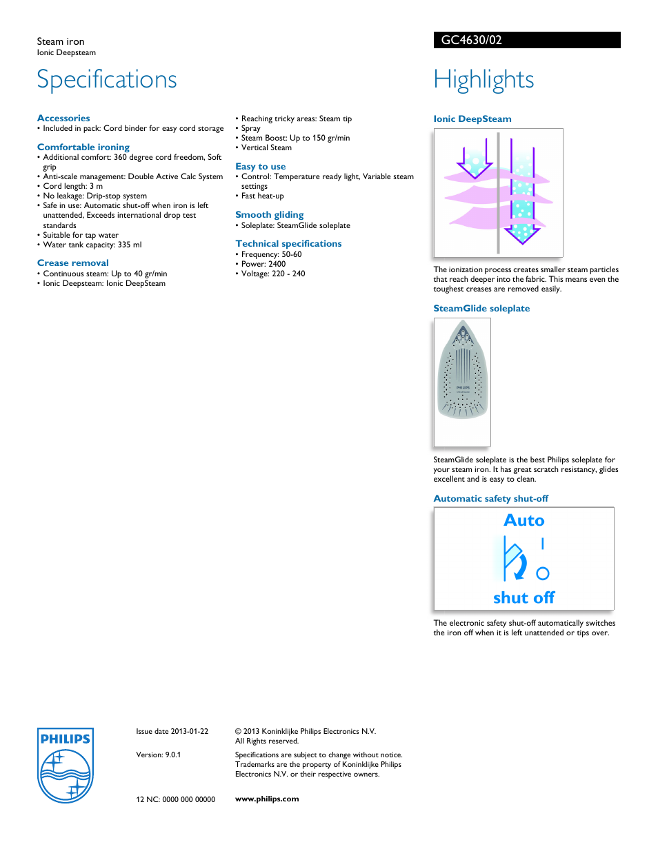 Specifications, Highlights | Philips GC4630 User Manual | Page 2 / 2