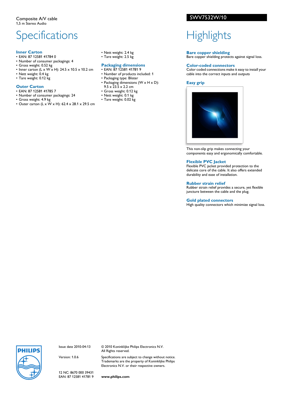 Specifications, Highlights | Philips SWV7532W/10 User Manual | Page 2 / 2