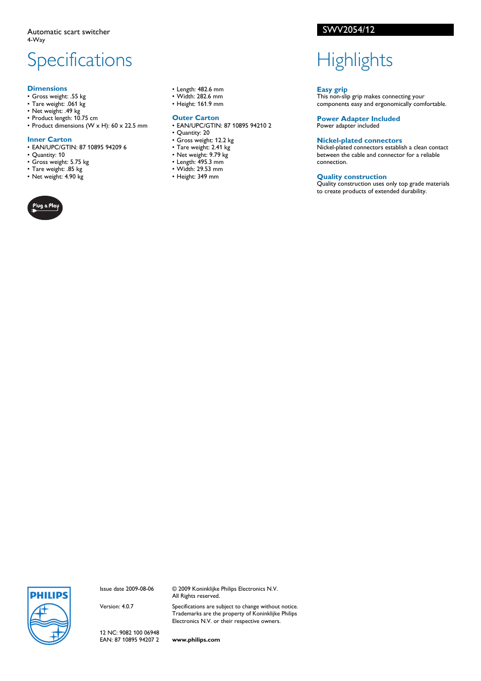 Specifications, Highlights | Philips SWV2054 User Manual | Page 2 / 2