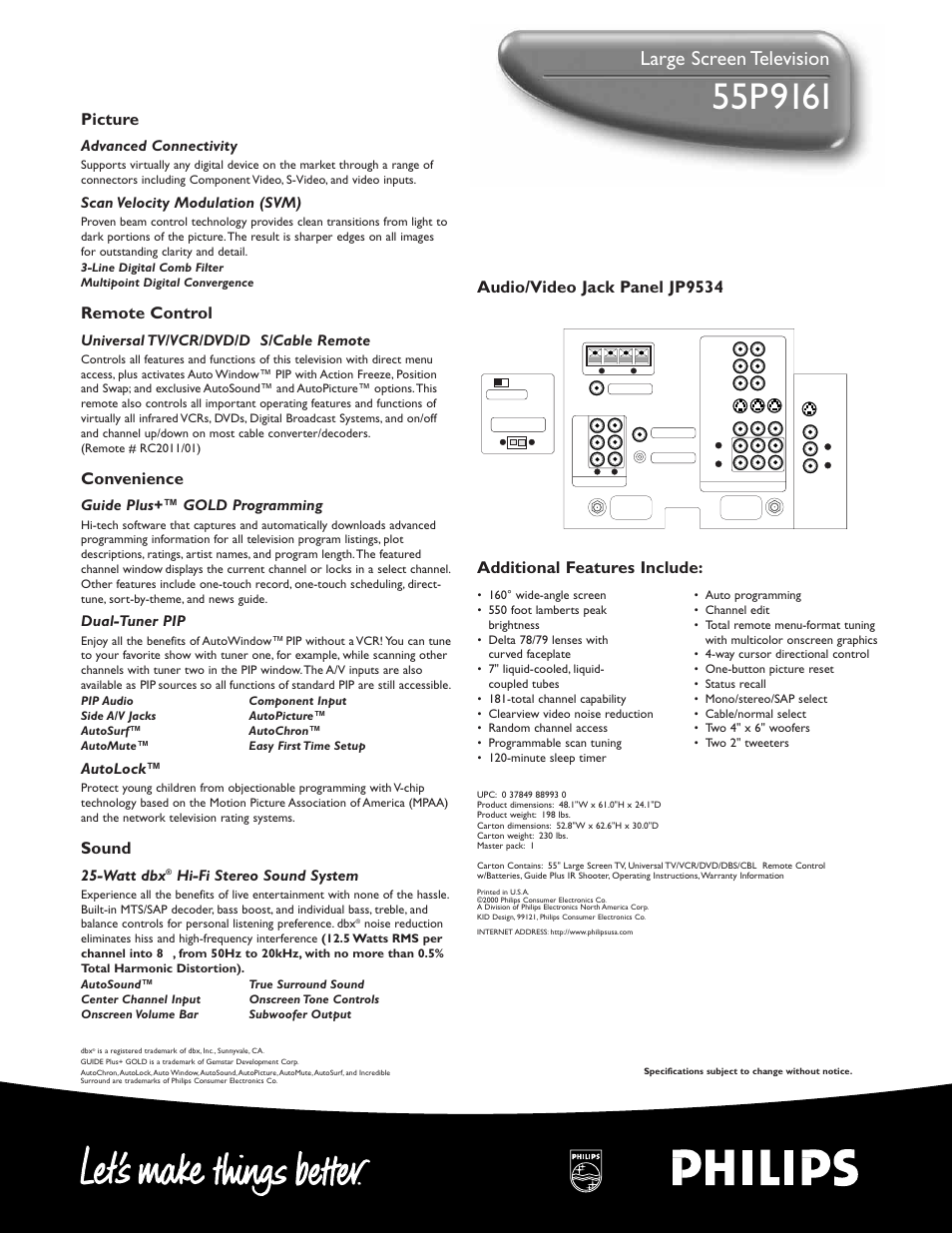 Large screen television, Picture, Remote control | Convenience, Sound, Advanced connectivity, Scan velocity modulation (svm), Universal tv/vcr/dvd/d bs/cable remote, Guide plus+™ gold programming, Dual-tuner pip | Philips 55P 9161 User Manual | Page 2 / 2