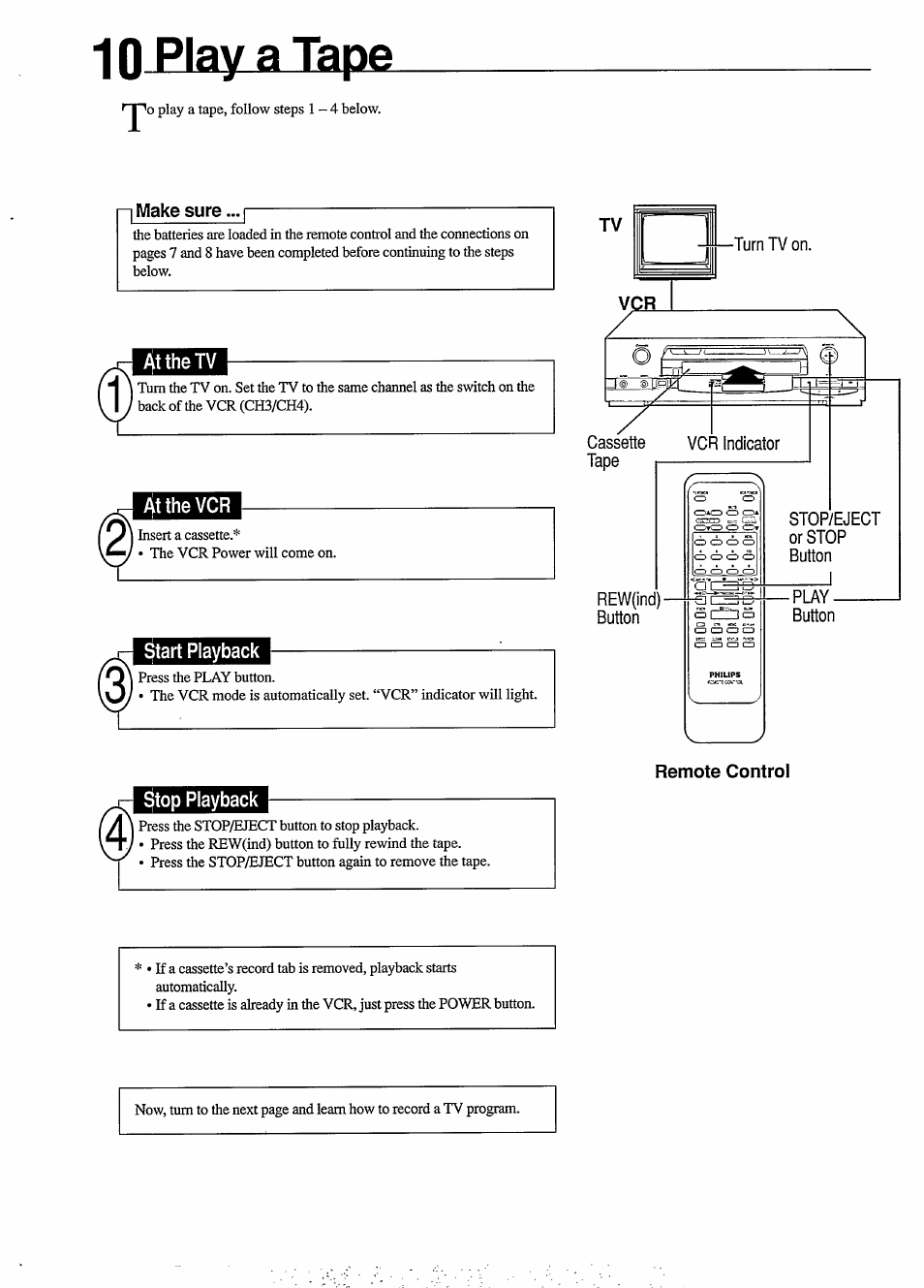 10 play a tape, Play a tape | Philips VR454 User Manual | Page 10 / 29